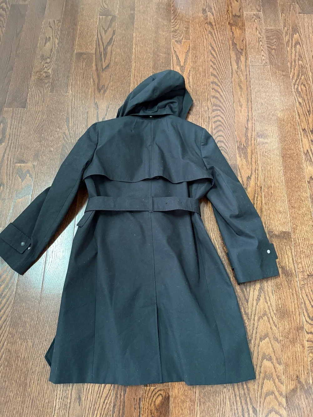 J. Crew woman’s  Black Double-Breasted Hooded Trench Coat size 12P